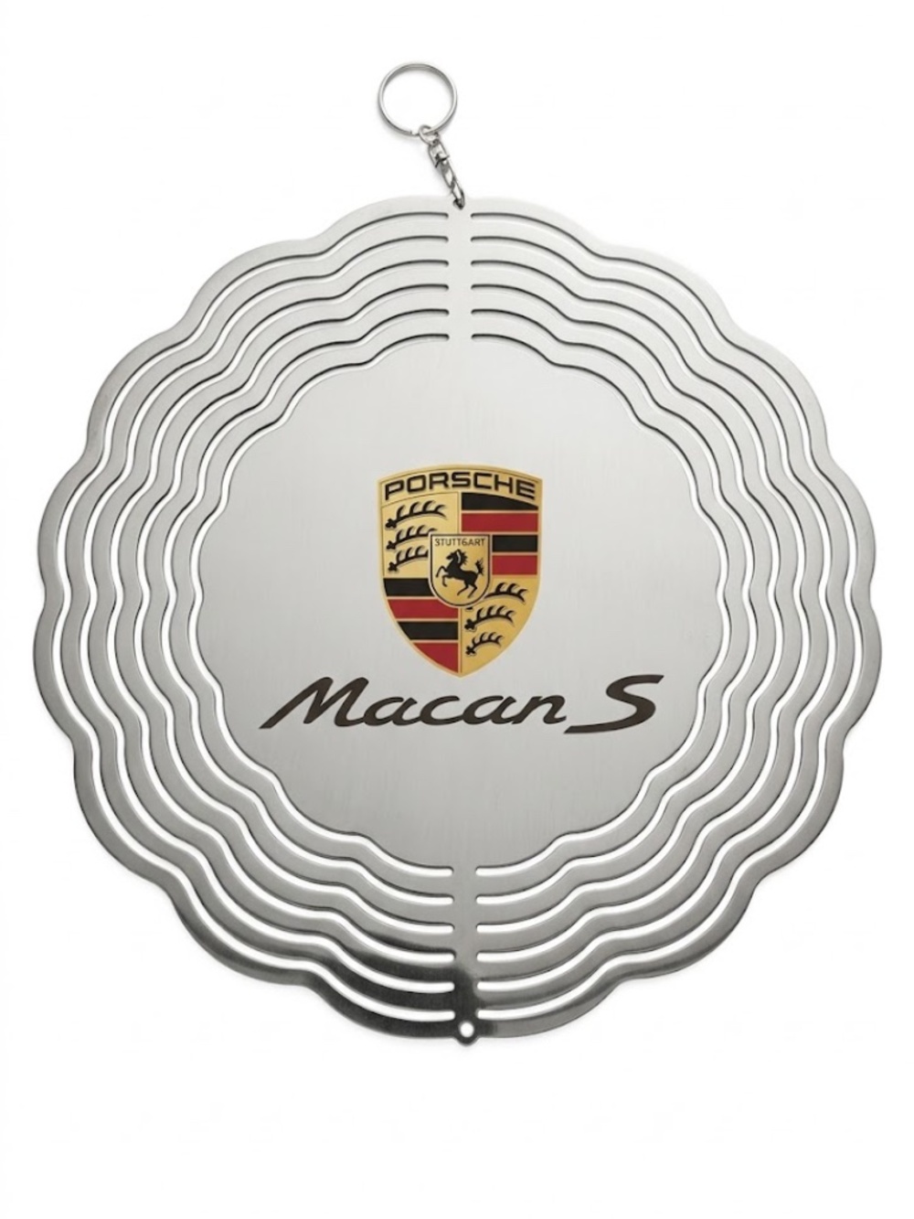 10" Porsche Macan S Kinetic Wind Spinner - Silver Metal Hanging Yard Decor